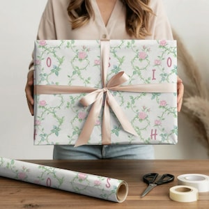 Personalized Initial Wrapping Paper – Floral Monogram Gift Wrap with Custom Letter, Elegant Rose Vine Pattern, Custom Gift Wrap