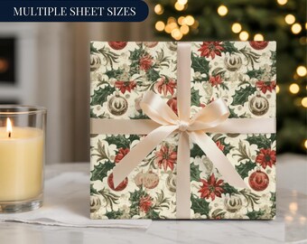 ヴィンテージのポインセチアのクリスマスラッピングペーパー、ヒイラギとオーナメントをあしらったレトロなホリデーギフトラップ、お祝いギフトラップシート