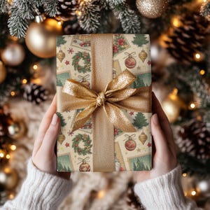 Puede incluir: Un regalo envuelto con papel de regalo festivo con motivos navideños, como coronas y adornos. El regalo está atado con una cinta y un lazo dorados. El fondo incluye ramas de árbol de Navidad, adornos y luces.