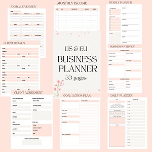 Könnte beinhalten: Ein rosa-weißer Business-Planer mit floralen Akzenten. Der Planer enthält Abschnitte für monatliche Einnahmen, Wochenplaner, Geschäftsübersicht, Ziel-Aktionsplan und Tagesplaner. Der Planer hat 33 Seiten.