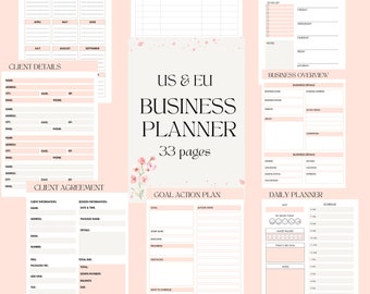May include: A pink and white business planner with floral accents. The planner includes sections for monthly income, weekly planner, business overview, goal action plan, and daily planner. The planner has 33 pages.