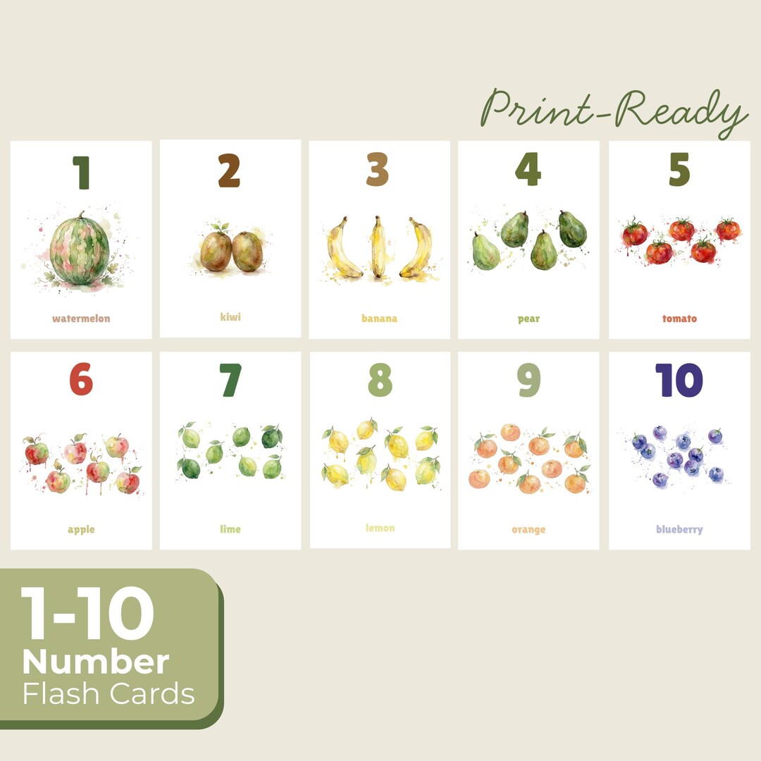 Number Flash Cards, Print-ready Watercolor Illustrated Cards for ...