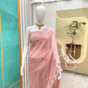 Designer Pink Crush Saree cutdana work saree Wedding Wear saree for women Party wear sari Beautiful Floral pearl Work Saree Reception Saree