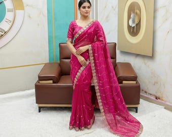 Pink Saree with Mirror Work | Rani Pink Party Wear Sari | Indian Wedding Guest Outfit | Scalloped Floral Border Saree