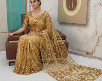 Sari de lentejuelas doradas de red suave, ropa de fiesta india, sari de lentejuelas bordadas, diseñador de atuendos, sari de boda