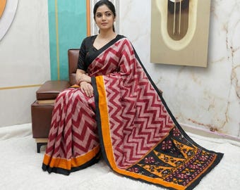 Traditional Patola Print Saree Red Chevron Striped Sari With Black Pallu For Festive Wear