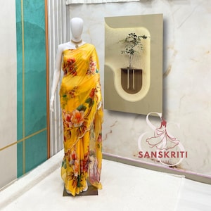Yellow Floral Saree For USA Women Designer Saree, Wedding Saree, Premium Haldi Saree Indian Saree  Cutdana saree Indian Party wear sari