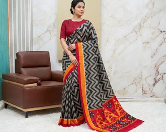 Black White Zig Zag Saree With Red Patola Print Pallu Indian Ethnic Sari