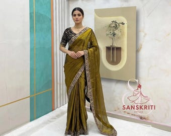 Sari z jedwabiu kosmicznego, haftowane cekiny, bluzka z przeszyciami, sari Bollywood Designer dla druhen