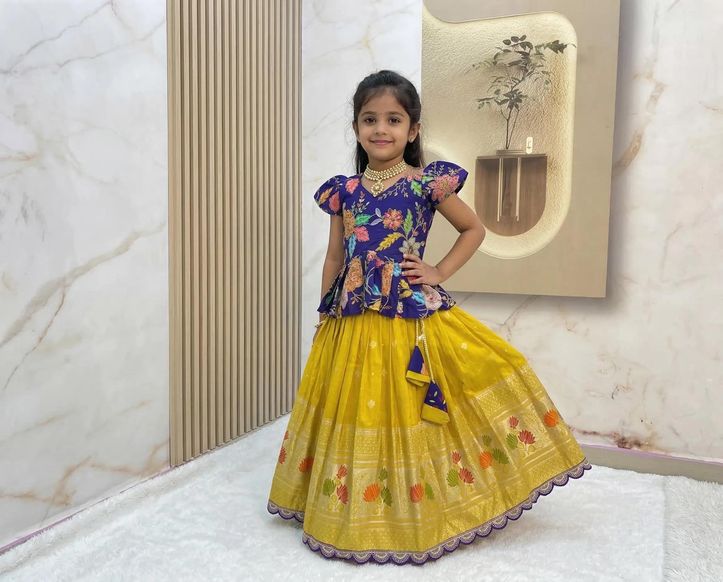 Kids Lehenga Choli, Blue and Yellow Pattu Pavadai for Girls, Floral Peplum Blouse with Silk Skirt, Traditional Indian Kids Festive Wear