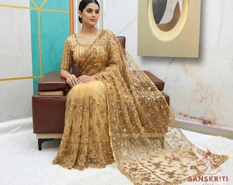 Golden Net Saree with Heavy Sequin Work | Indian Wedding Guest Outfit | Bollywood Style Gold Party Wear Sari