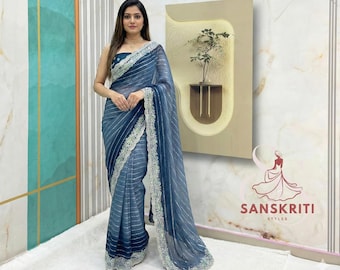 Blue Saree with Embroidered Sequin Border | Party Wear  Sari | Indian Wedding Guest Outfit | Bridesmaid Saree