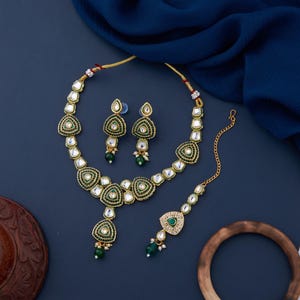 Indian Designer Necklace set Imitation kundan set south indian jewelry bridal Kundan polki set stud tikka Green color 3pc set jewellery