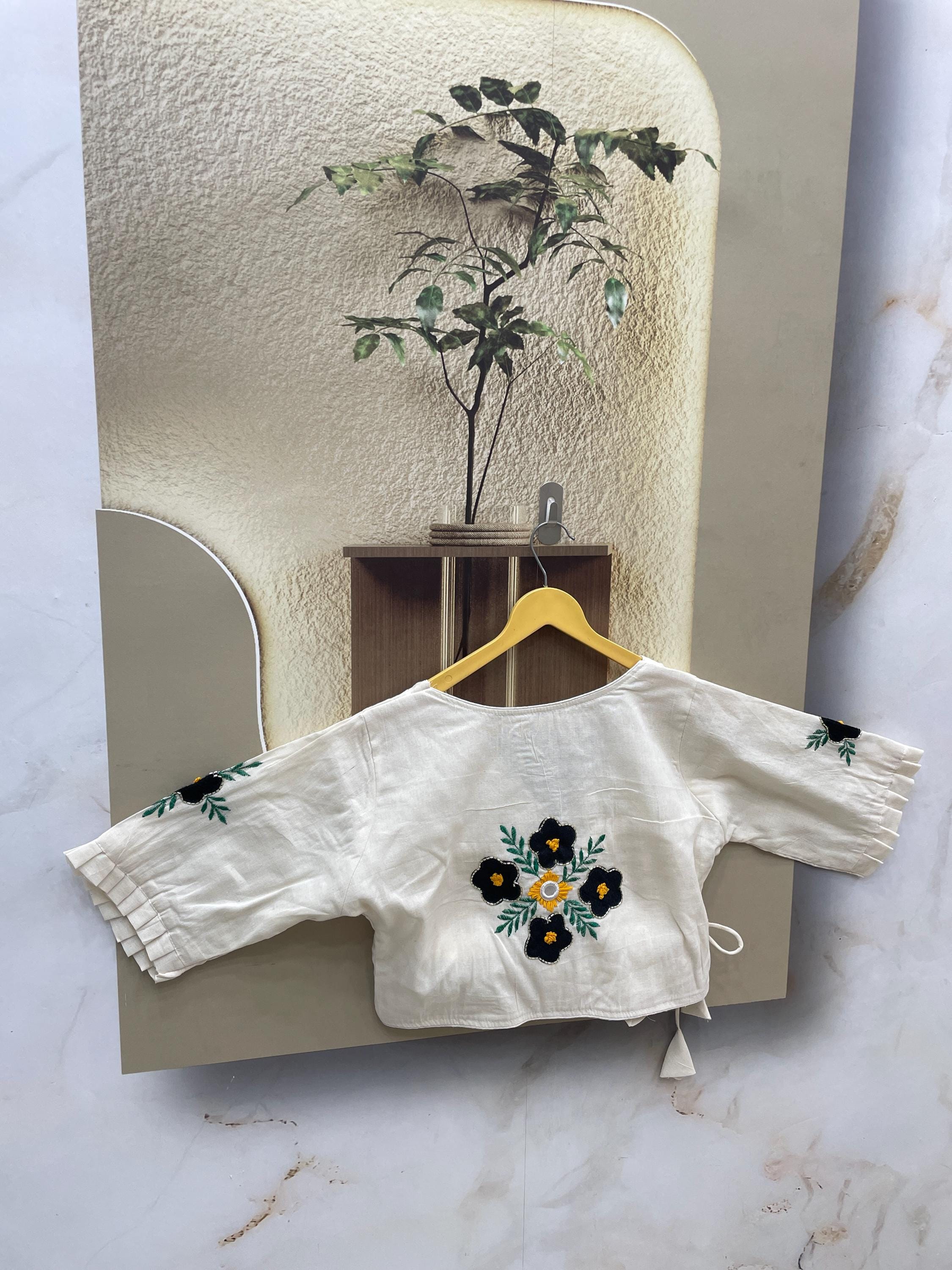 White Pure Khadi Cotton Blouse Embroidered Saree Blouses Ready to