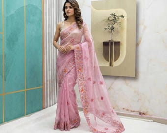 Designer Floral Embroidered Saree | Light Pink Saree for Wedding Guest | Cocktail Party Sari | Indian Festive Wear