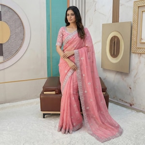 Haftowane sari z szyfonu dla kobiet, na wesele, na imprezę, na festiwal, różowe sari