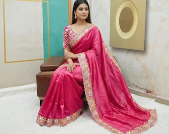 Rani Pink Floral Embroidered Saree with Border | Indian Wedding Saree | Party Wear Designer Sari | Bollywood Bridesmaid Outfit