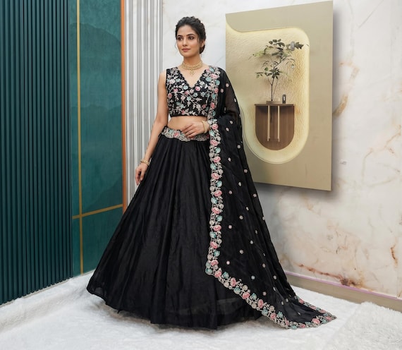 black indian dress for party Embroidered Lehenga Choli | Floral Wedding Guest ELI5:Why does this dress Vacation outfit Color:M-Dusty Blue All over Zari Embroidery