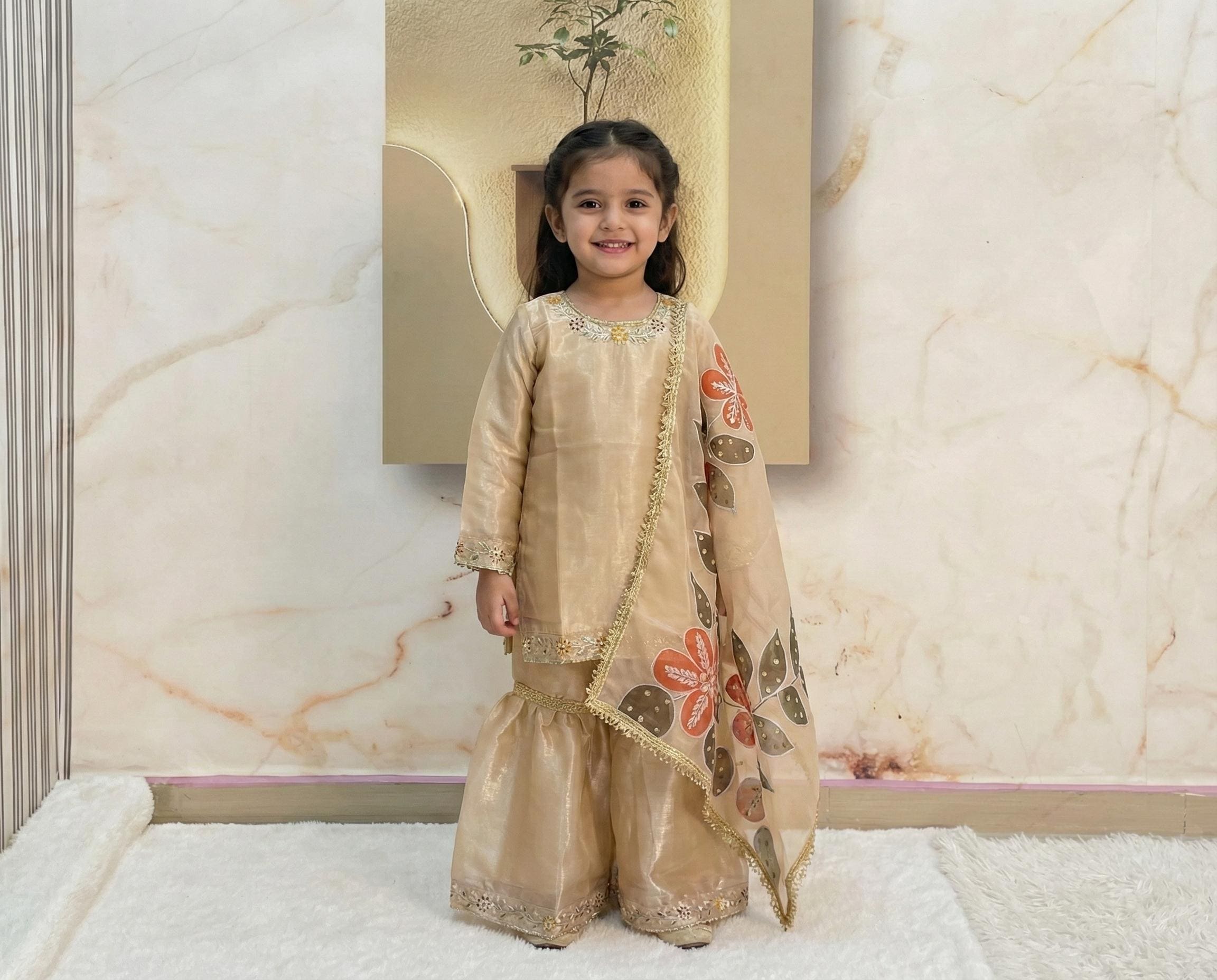 Kids Sharara Suit, Gold soft Silk Girls Indian Dress, Wedding Outfit, Baby Girl Ethnic Wear, Floral Dupatta, Diwali Eid Clothes