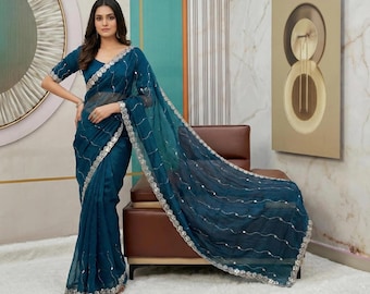 Designer Teal Party Wear Saree, Silver Mirror Work Cocktail Sari, Elegant Indian Wedding Clothes for Women, Fancy Cutwork Border Saree