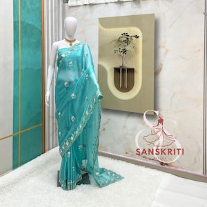 Sari de diseñador azul cielo para mujer, EE. UU., para bodas, fiestas, sari, sari bordado con lentejuelas, sari floral de tela suave, ropa para festivales