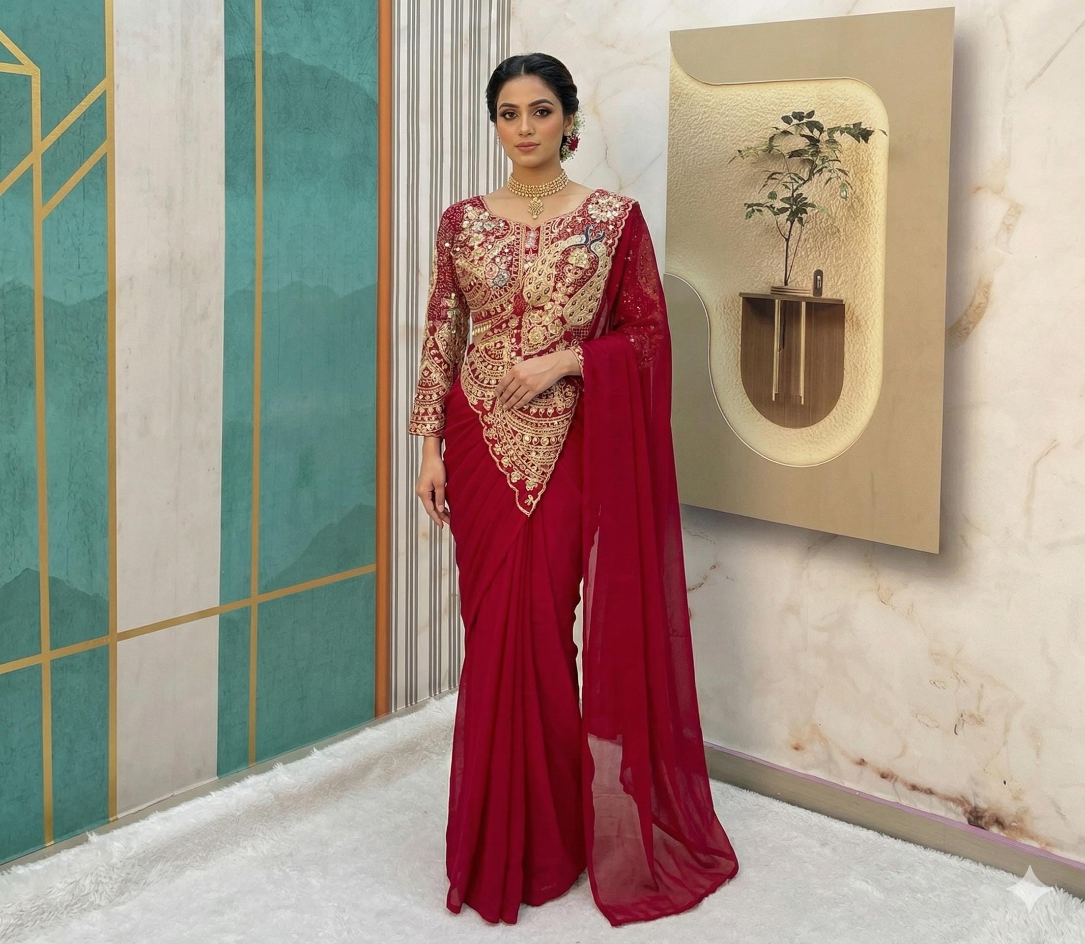 fitted lace wedding dress Red Luxury Hand-Embroidered Indo Western Lehenga With Designer Beaded Blouse