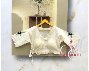 White Pure Khadi Cotton Blouse Embroidered Saree Blouses Ready to