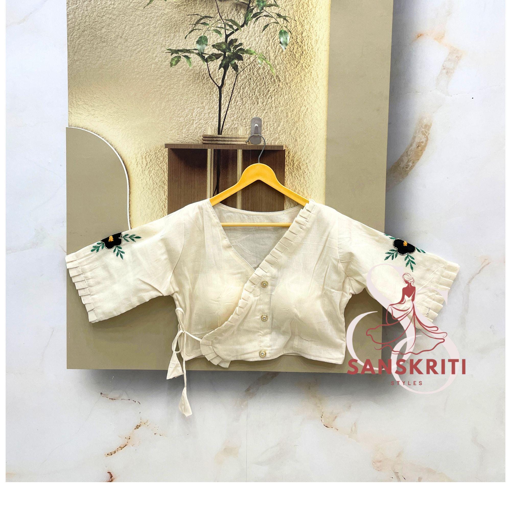 White Pure Khadi Cotton Blouse Embroidered Saree Blouses Ready to