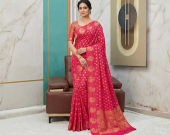 Designer Pink Saree Schwere Gold Zari Arbeit Indische Pfau Motiv Sari Festliche Hochzeitskleidung