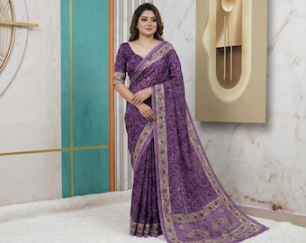 Elegante sari viola per damigelle d'onore / Abbigliamento tradizionale indiano / Sari con bordo stampato / Abbigliamento da festa