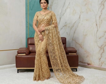 Gold Sequin Saree for Women, Heavy Embroidered Net Saree with, Bollywood Party Wear Saree, Indian Wedding Bridesmaid Sari