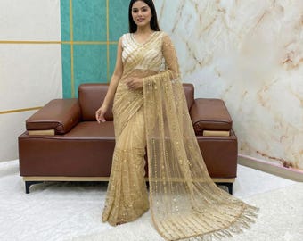 Gold Sequin Net Saree | Party Wear Indian Wedding Saree | Gold Embroidered Sari | Bridesmaid Outfit | Bollywood Designer Saree