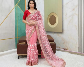 Pink Floral Embroidered Net Saree with Red Blouse | Designer Party Wear Indian Sari | Wedding Guest Saree | Fancy Bridesmaid Saree