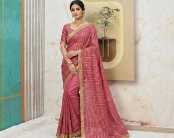 Trending Dark Pink Saree for women Sequence Saree Ready to Wear saree Indian Wedding Dress with Stitched Blouse