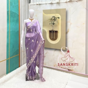 Sari de diseñador lavanda para mujer, EE. UU., para bodas, fiestas, sari, sari bordado con lentejuelas, sari floral de tela suave, ropa para festivales