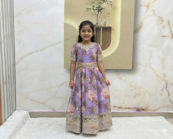 Girls Purple Floral Anarkali Gown Indian Traditional Party Wear Dress with Pink Dupatta Girls Purple Floral Anarkali Gown Indian Traditional Party Wear Dress with Pink Dupatta