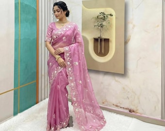 Elegant Pink Silk Saree for Wedding Guest | Floral Sequin Embroidered Sari  | Indian Ethnic Wear for Women