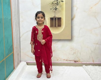 Indianer Kleid in rot | Bestickte Kurti Hose mit Dupatta | Kinder ethnischen tragen | Salwar Kameez | Diwali Hochzeit Party Outfit