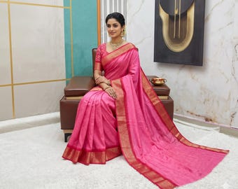 Elegante Rosa Seide Saree Gold Zari Borte Traditionelle ethnische indische Hochzeit Party Wear