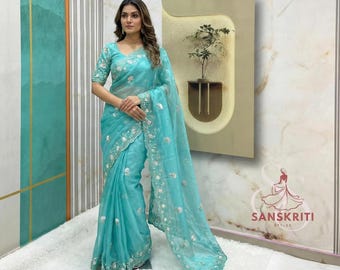 Teal Blue Saree with Floral Embroidery, Silk Sari with Sequin Border, Indian Wedding Guest Outfit, Party Wear Saree