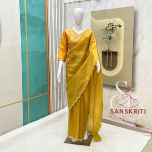 indian Designer Yellow Saree for women Gold Crush Wedding sari Ready to wear saree Pre pleated saree with stitched blouse bollywood saree