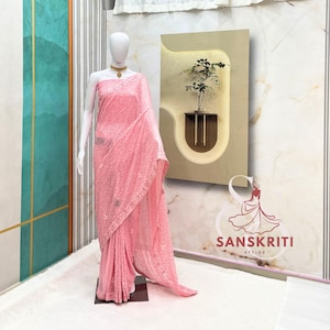 Trendy Pink Saree For women USA Sequins saree Party wear saree Blouse Georgette Saree indian Saree Festival Outfit Wedding Reception saree