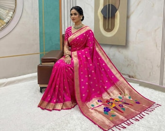 Rani Pink Zari Borte Saree Traditionelle indische ethnische Abnutzung gewebter Papagei Pallu für Frauen