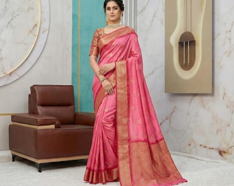 Elegante Rosa Seide Saree Gold Zari Borte Traditionelle ethnische indische Hochzeit Party Wear Geschenk