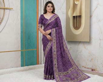 Elegant Lavender Floral Saree, Traditional Indian Ethnic Wear, Lightweight Daily Wear Party Sari Outfit