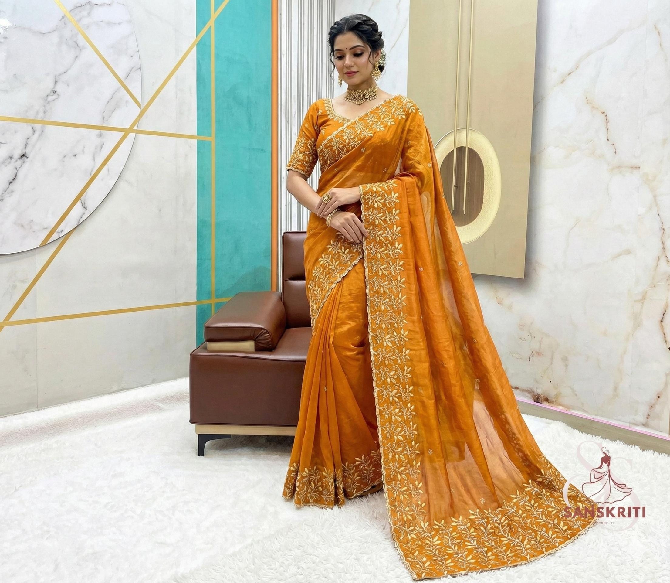 シフォン Golden Yellow Indian Sari | Festive Wear Traditional Saree | South