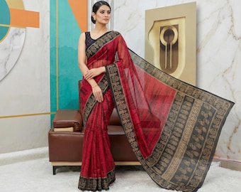 Indian Red and Black Printed Chiffon Saree with Gold Paisley Border Traditional Ethnic Wear