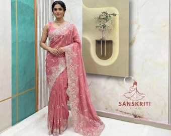 Pink Designer Sari | Embroidered Border Saree | Indian Wedding Party Outfit | Sangeet Wear