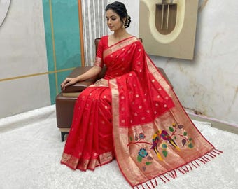 Red Kanjivaram Silk Saree for Women, Traditional Indian Bridal Saree, Soft Silk Wedding Sari with Parrot Motif Zari Pallu, Festive Wear