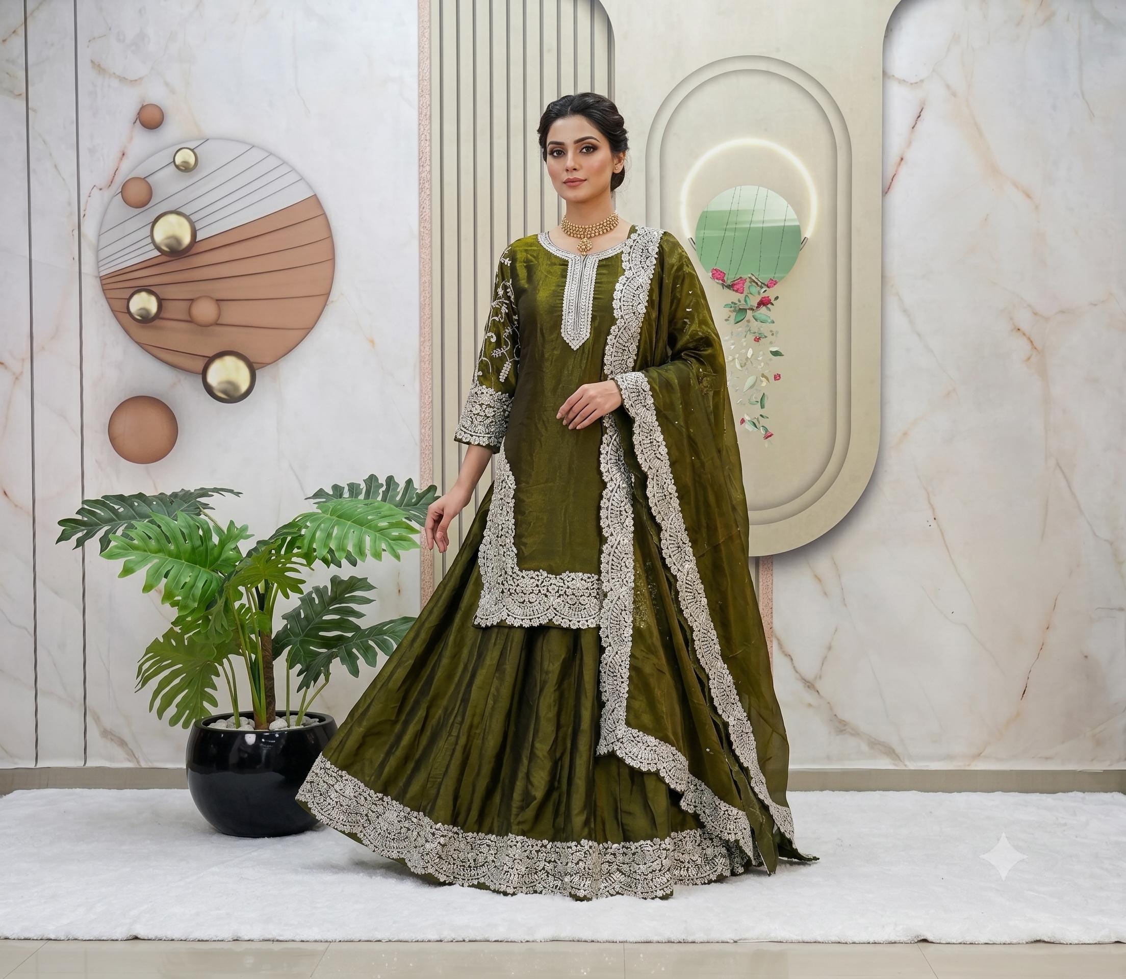 c green colour dresses pakistani Green Embroidered Chikan Lawn main image 1